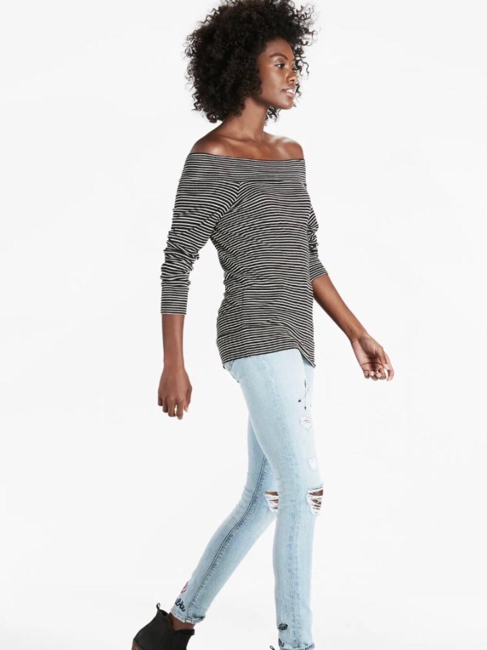 Lucky Brand Black & White Striped Off-Shoulder Long-Sleeve Tee